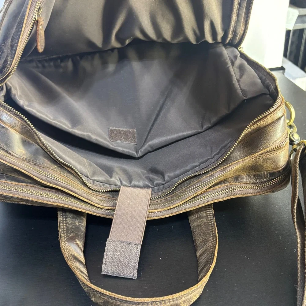 Vintage Leather Crossbody Commuter Bag Briefcase Brown Distressed Mens Large